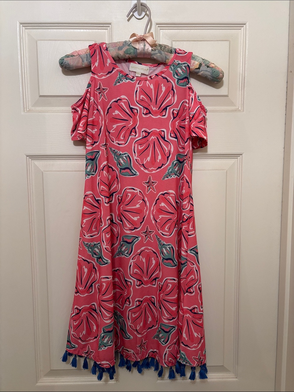 Simply Southern Pink Shell-Print Cold-Shoulder Dress with Blue Tassel Hem